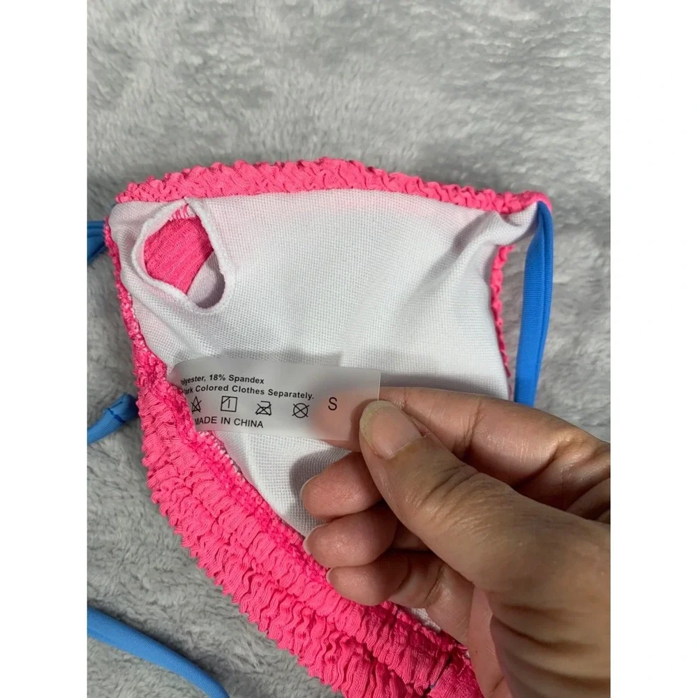 Pink Smocked Popcorn Bikini Set Womens Size S Blue Contrast Straps Swimsuit
